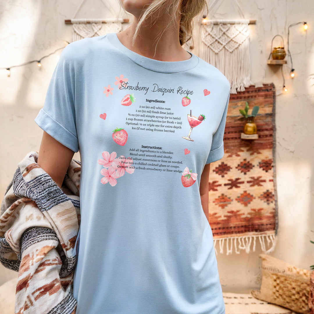 a woman wearing a blue shirt with a poem on it