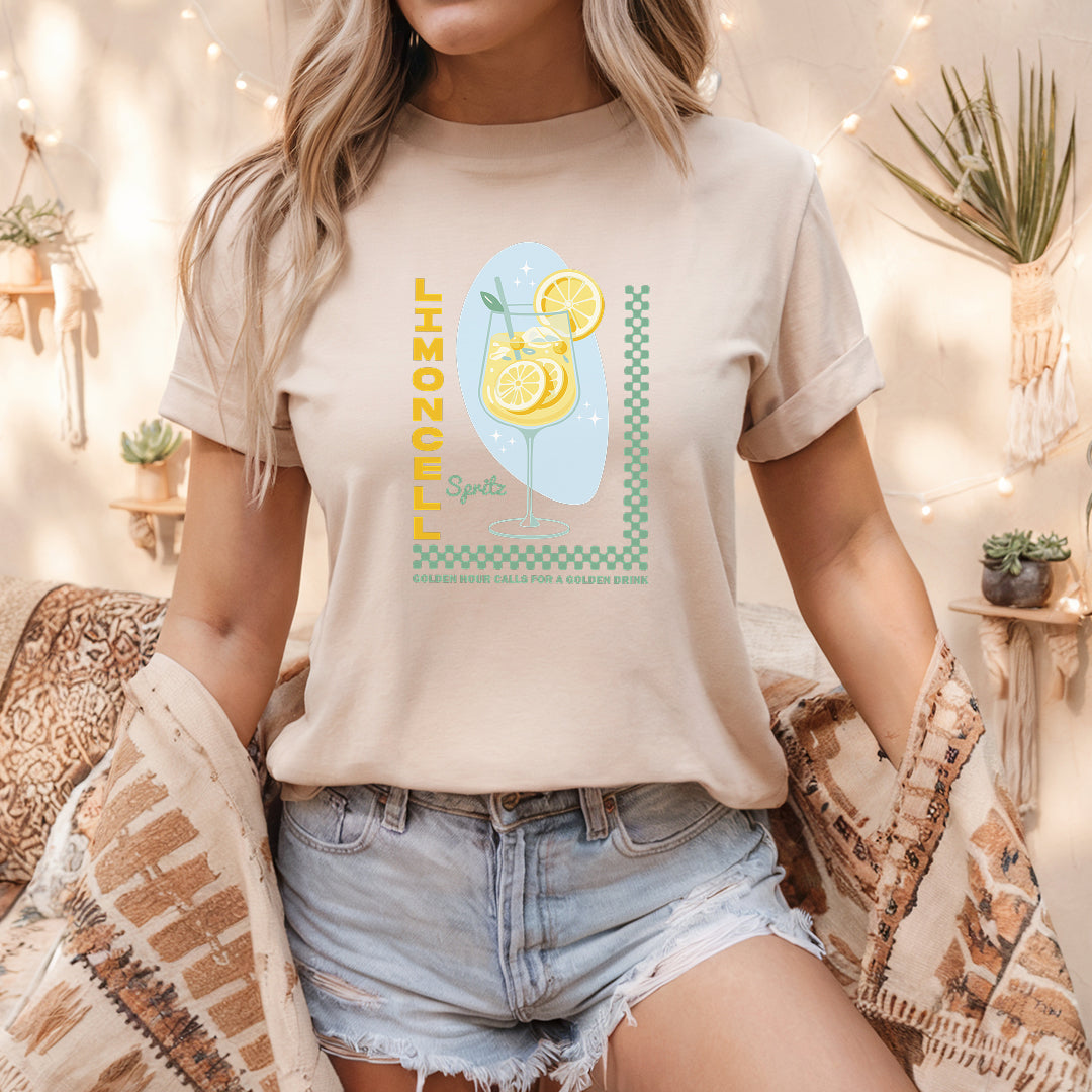 a woman wearing a t - shirt with a lemon print