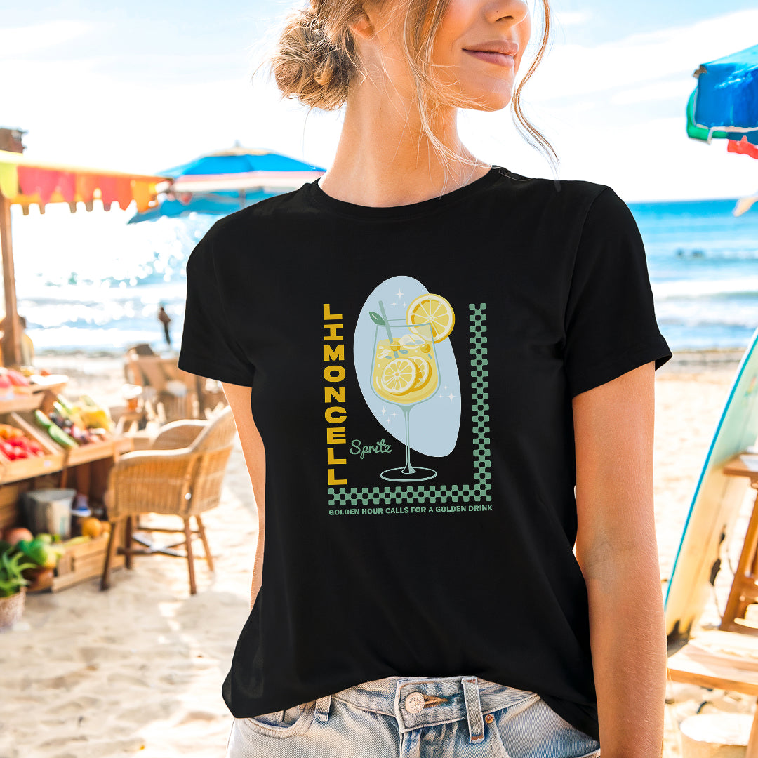 a woman wearing a black shirt with lemons on it