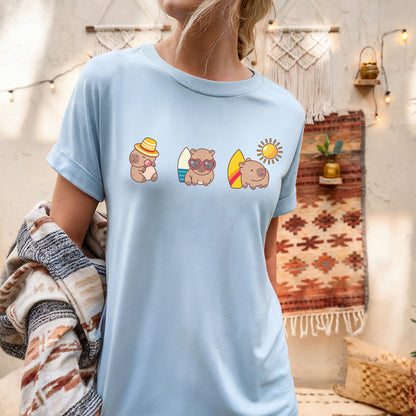 a woman wearing a blue shirt with three bears on it