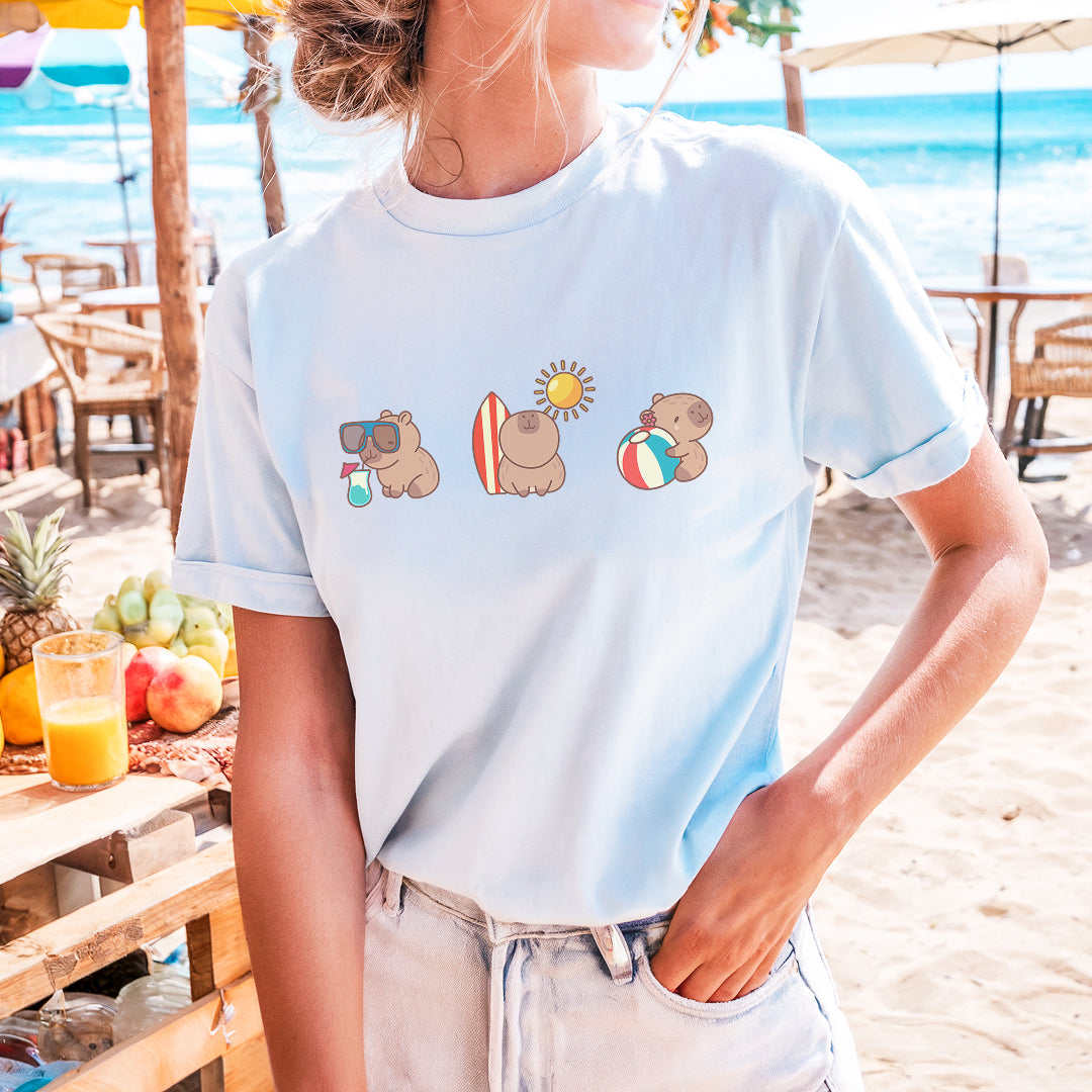 a woman wearing a t - shirt with bears on it