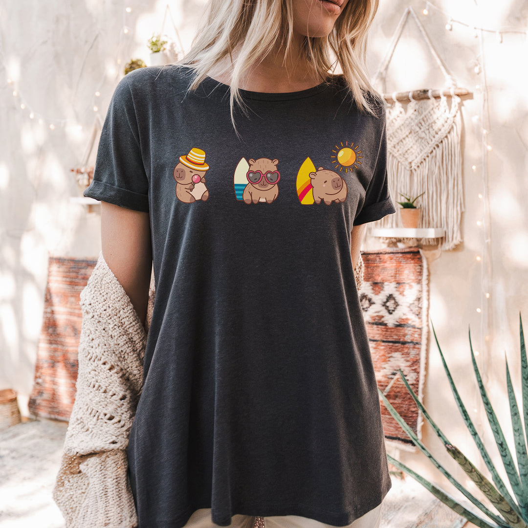 a woman wearing a t - shirt with three bears on it
