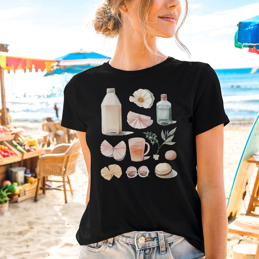 a woman standing on a beach with a bottle of milk and other items