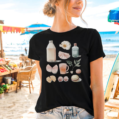 a woman standing on a beach with a bottle of milk and other items