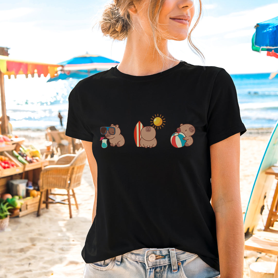 a woman wearing a black shirt with three bears on it