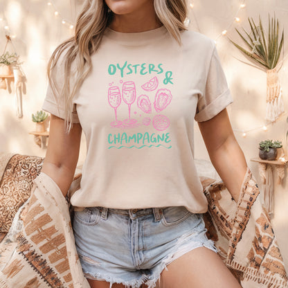 a woman wearing a oysters and champagne t - shirt